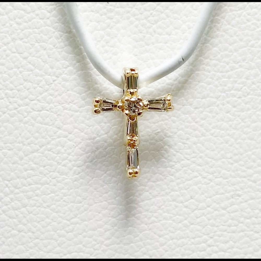 Tiny Diamond Baguette 14k Gold Baby Cross Pendant